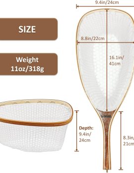 Fly Fishing Net Trout Net with Magnetic Release and Rod Holder Wooden Frame Landing Net with Soft Rubber Mesh for Catch and Release (Clear Small Holes)
